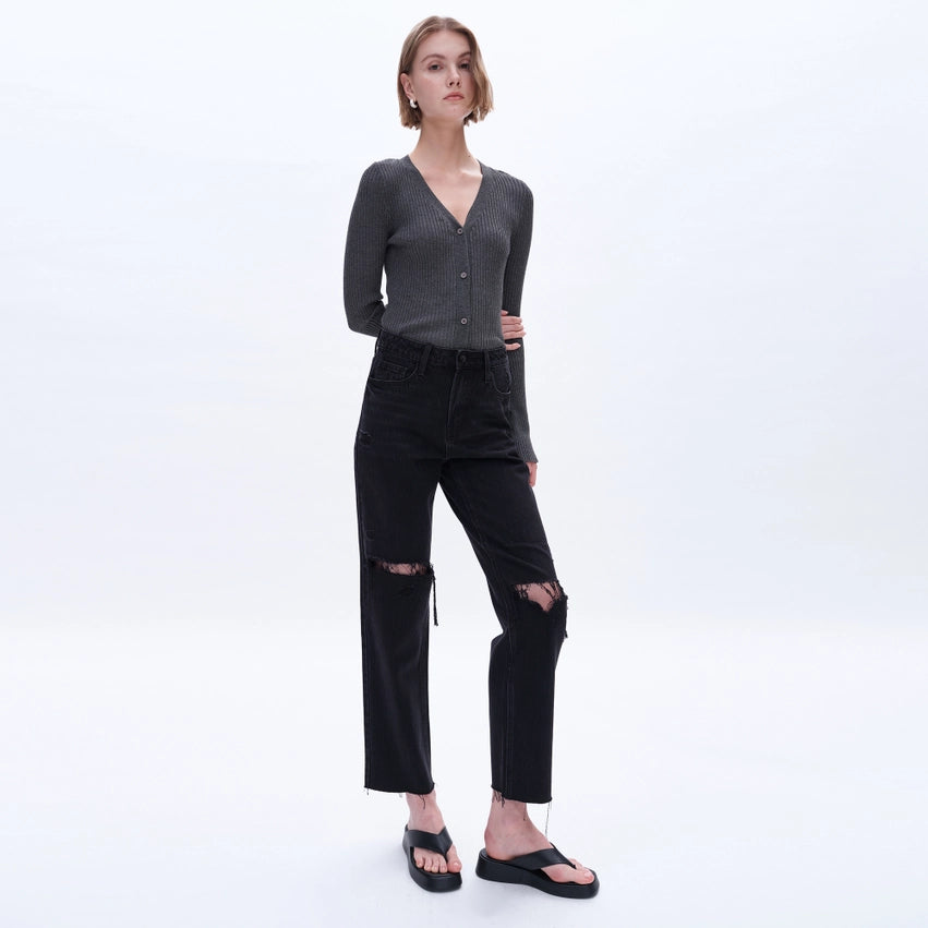 High Rise Straight Jeans with Raw Hem SULFUR BLACK-Jeans-BAYEAS-24-SULFUR BLACK-Urbanheer