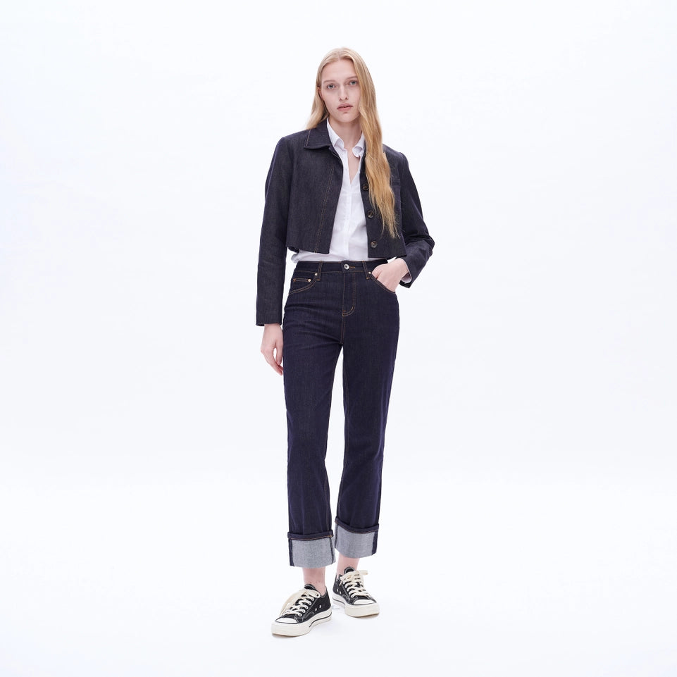 High Rise Straight Jeans with Rolled Hem RINSE-Jeans-BAYEAS-24-RINSE-Urbanheer