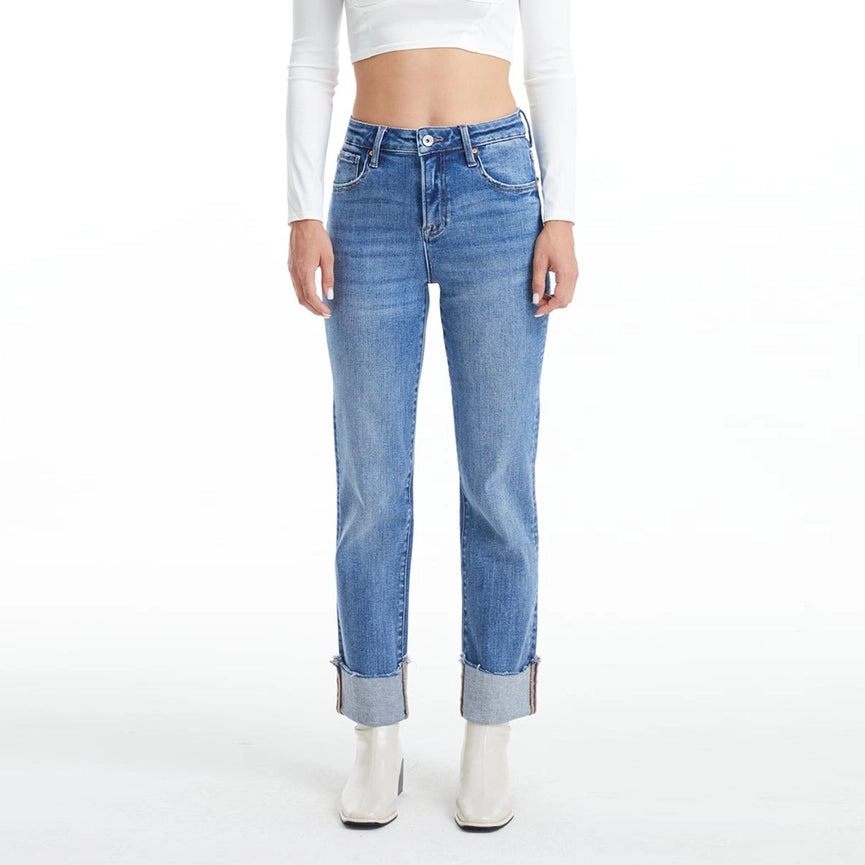 High Rise Straight Jeans with Rolled Hem SURF BLUE-Jeans-BAYEAS-24-SURF BLUE-Urbanheer