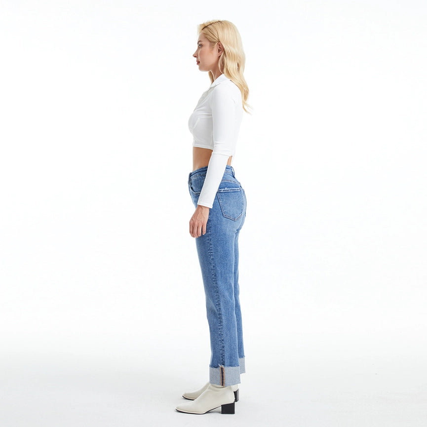 High Rise Straight Jeans with Rolled Hem SURF BLUE-Jeans-BAYEAS-24-SURF BLUE-Urbanheer