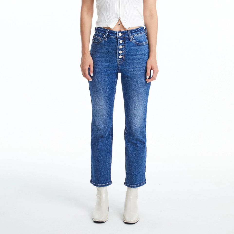 High Rise Straight Jeans(Finished Hem,Button Fly) DARK BLUE-Jeans-BAYEAS-24-DARK BLUE-Urbanheer