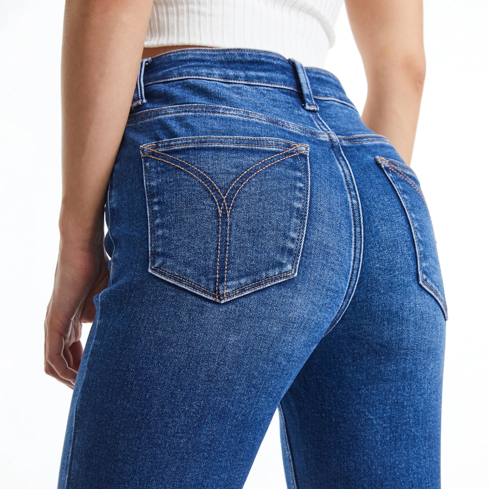 High Rise Straight Jeans(Finished Hem,Button Fly) DARK BLUE-Jeans-BAYEAS-24-DARK BLUE-Urbanheer