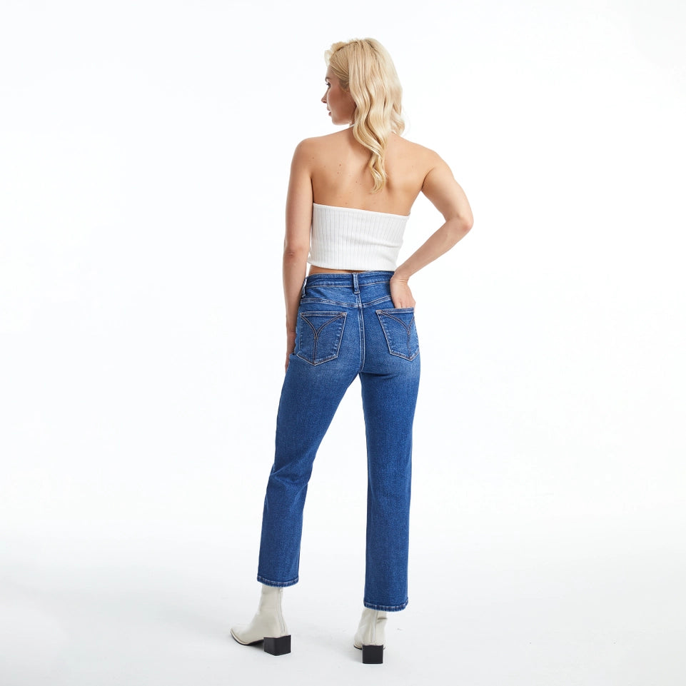 High Rise Straight Jeans(Finished Hem,Button Fly) DARK BLUE-Jeans-BAYEAS-24-DARK BLUE-Urbanheer