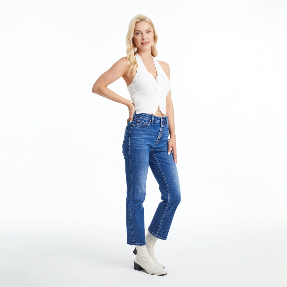 High Rise Straight Jeans(Finished Hem,Button Fly) DARK BLUE-Jeans-BAYEAS-24-DARK BLUE-Urbanheer