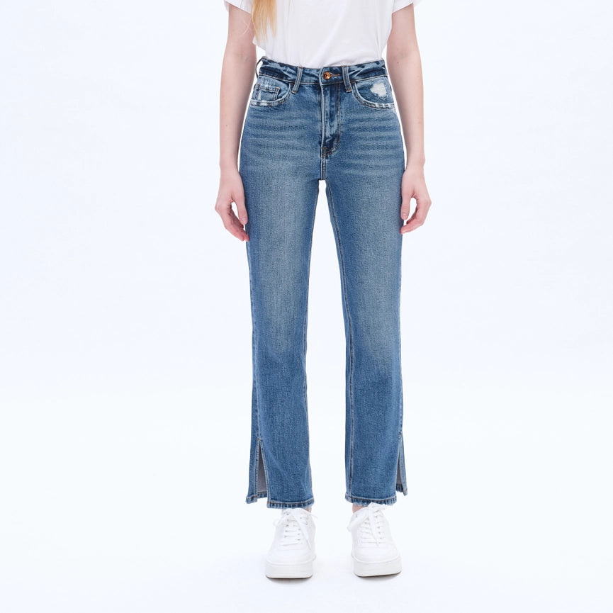 High Rise Straight Jeans(Finished Hem,Slit) BLUE TEARS-Jeans-BAYEAS-24-BLUE TEARS-Urbanheer