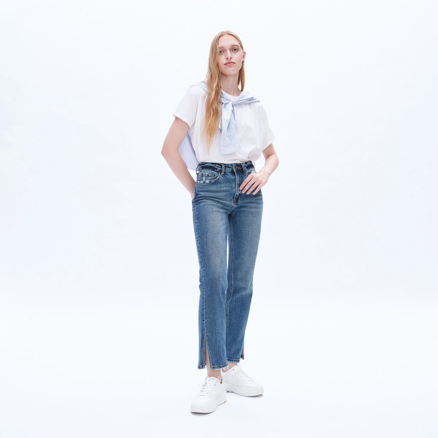 High Rise Straight Jeans(Finished Hem,Slit) BLUE TEARS-Jeans-BAYEAS-24-BLUE TEARS-Urbanheer