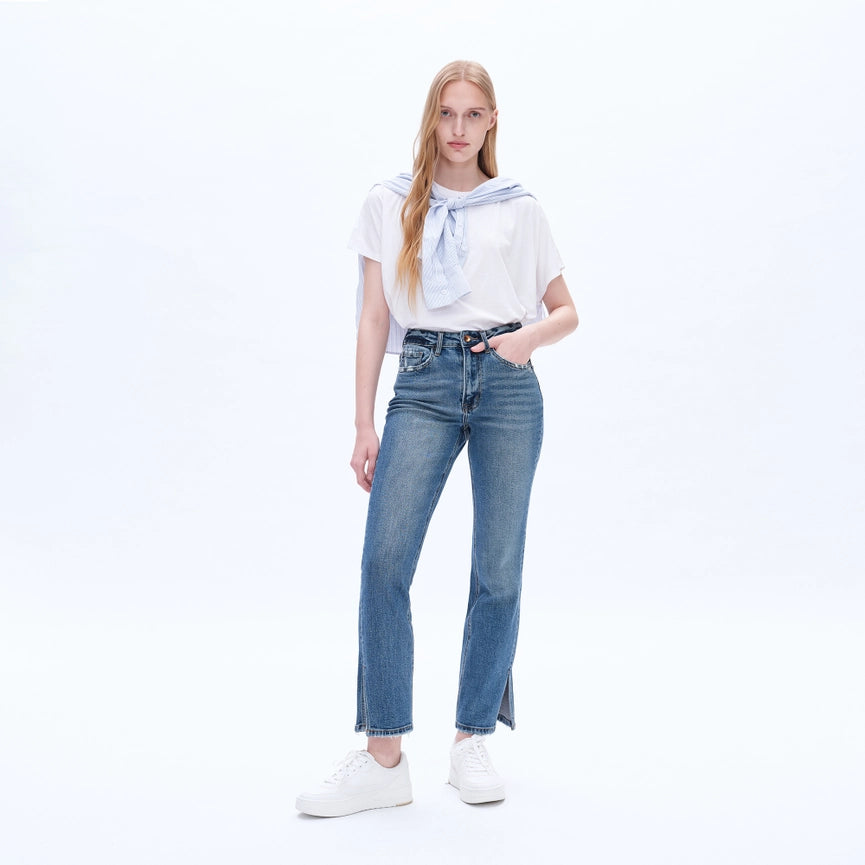 High Rise Straight Jeans(Finished Hem,Slit) BLUE TEARS-Jeans-BAYEAS-24-BLUE TEARS-Urbanheer