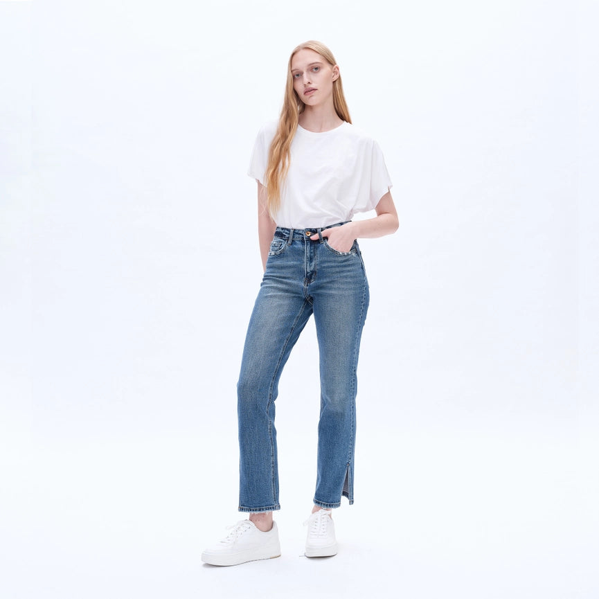 High Rise Straight Jeans(Finished Hem,Slit) BLUE TEARS-Jeans-BAYEAS-24-BLUE TEARS-Urbanheer