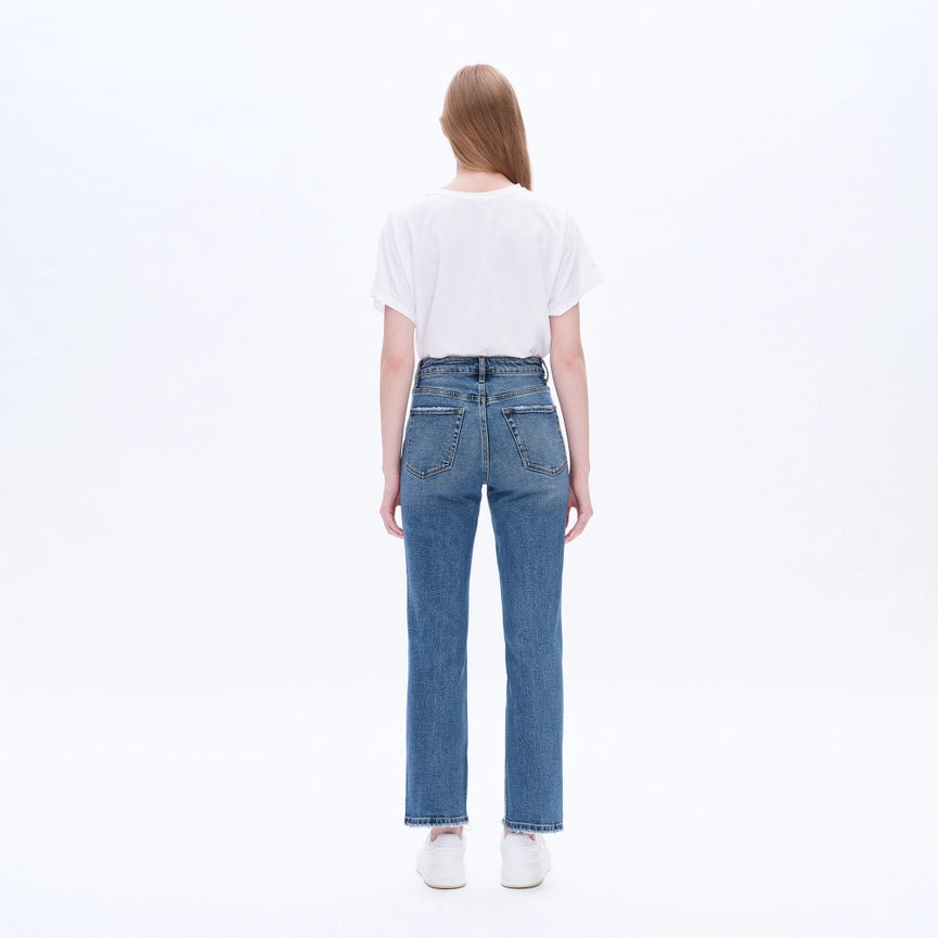 High Rise Straight Jeans(Finished Hem,Slit) BLUE TEARS-Jeans-BAYEAS-24-BLUE TEARS-Urbanheer