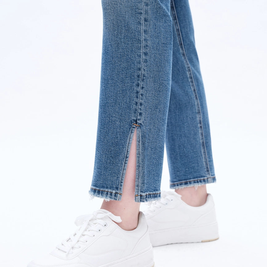 High Rise Straight Jeans(Finished Hem,Slit) BLUE TEARS-Jeans-BAYEAS-24-BLUE TEARS-Urbanheer