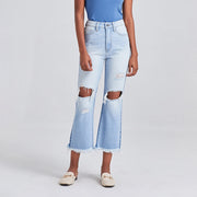 High Rise Straight Jeans(Frayed Hem,Two Tones) LIGHT BLUE-Jeans-BAYEAS-24-LIGHT BLUE-Urbanheer