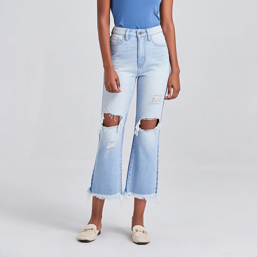 High Rise Straight Jeans(Frayed Hem,Two Tones) LIGHT BLUE-Jeans-BAYEAS-24-LIGHT BLUE-Urbanheer
