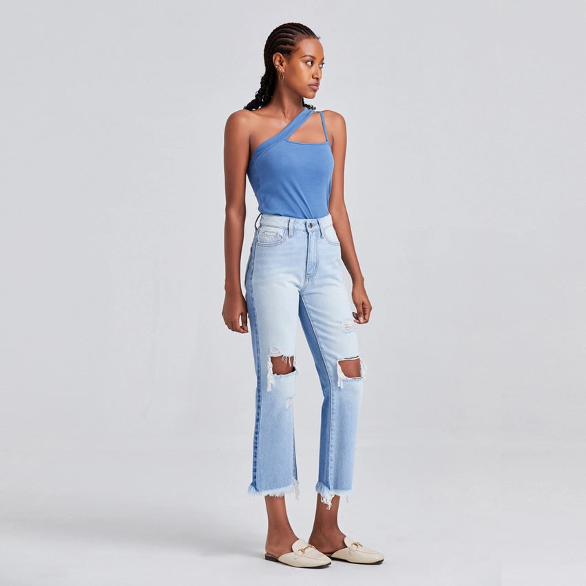 High Rise Straight Jeans(Frayed Hem,Two Tones) LIGHT BLUE-Jeans-BAYEAS-24-LIGHT BLUE-Urbanheer