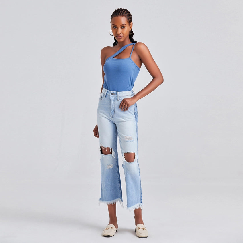 High Rise Straight Jeans(Frayed Hem,Two Tones) LIGHT BLUE-Jeans-BAYEAS-24-LIGHT BLUE-Urbanheer