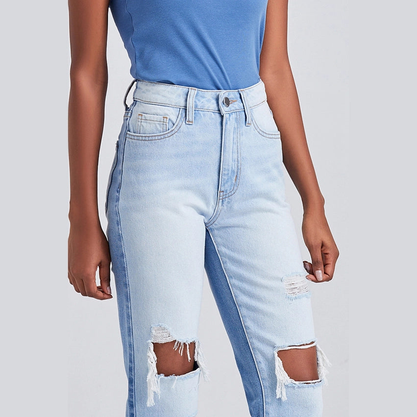 High Rise Straight Jeans(Frayed Hem,Two Tones) LIGHT BLUE-Jeans-BAYEAS-24-LIGHT BLUE-Urbanheer