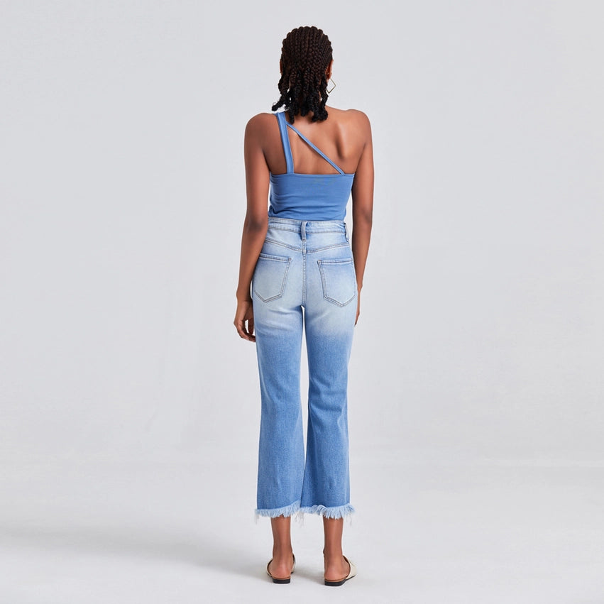 High Rise Straight Jeans(Frayed Hem,Two Tones) LIGHT BLUE-Jeans-BAYEAS-24-LIGHT BLUE-Urbanheer