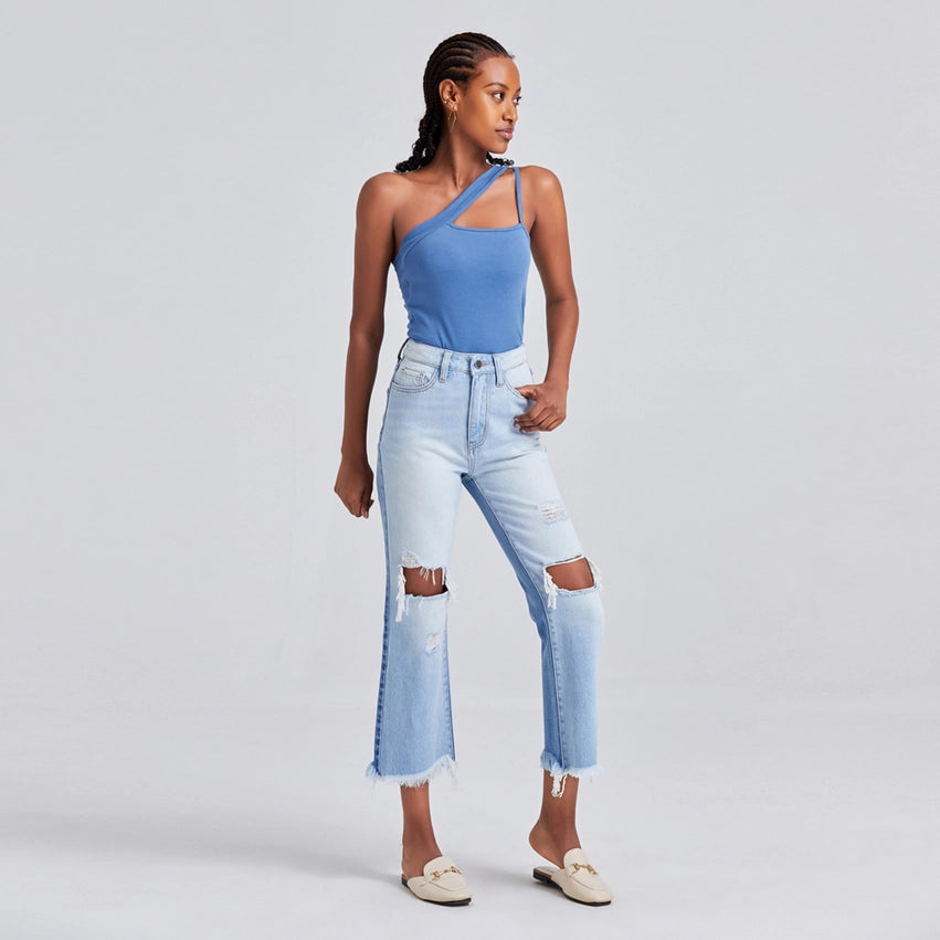 High Rise Straight Jeans(Frayed Hem,Two Tones) LIGHT BLUE-Jeans-BAYEAS-24-LIGHT BLUE-Urbanheer