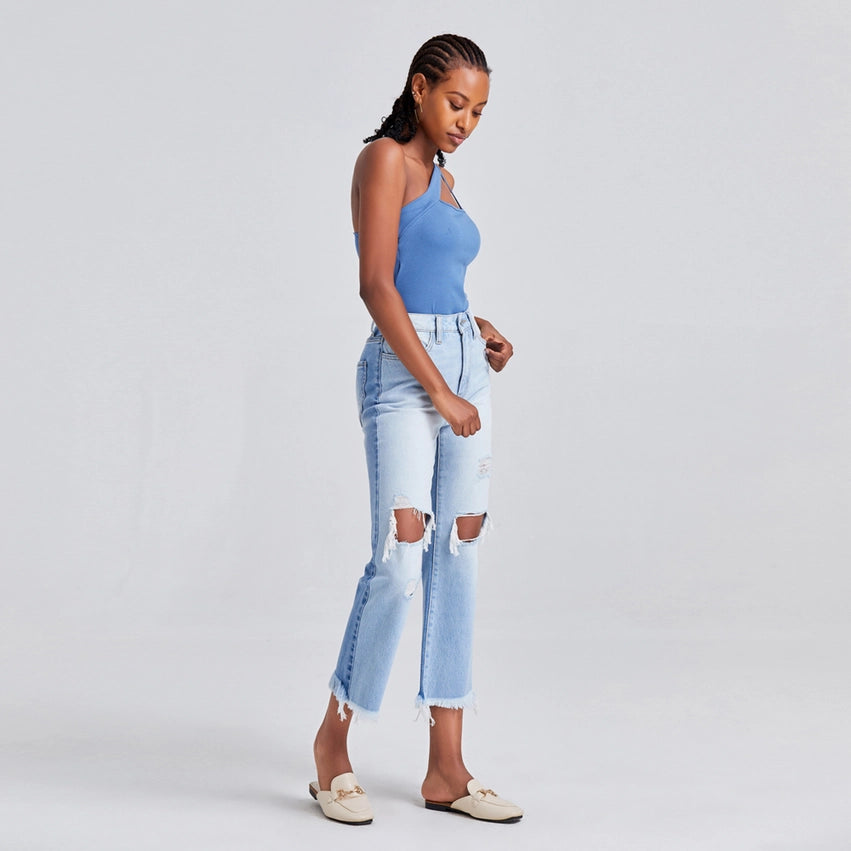 High Rise Straight Jeans(Frayed Hem,Two Tones) LIGHT BLUE-Jeans-BAYEAS-24-LIGHT BLUE-Urbanheer