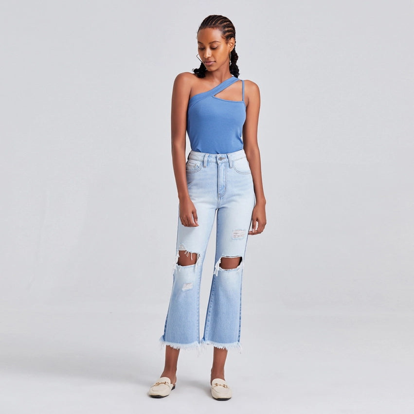 High Rise Straight Jeans(Frayed Hem,Two Tones) LIGHT BLUE-Jeans-BAYEAS-24-LIGHT BLUE-Urbanheer