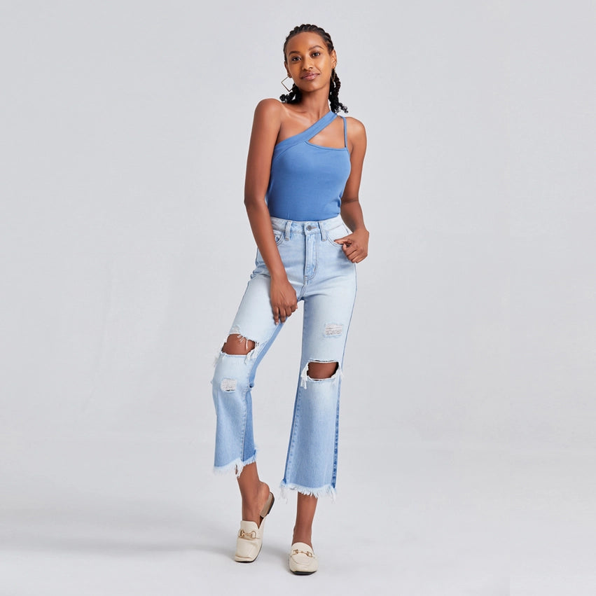 High Rise Straight Jeans(Frayed Hem,Two Tones) LIGHT BLUE-Jeans-BAYEAS-24-LIGHT BLUE-Urbanheer