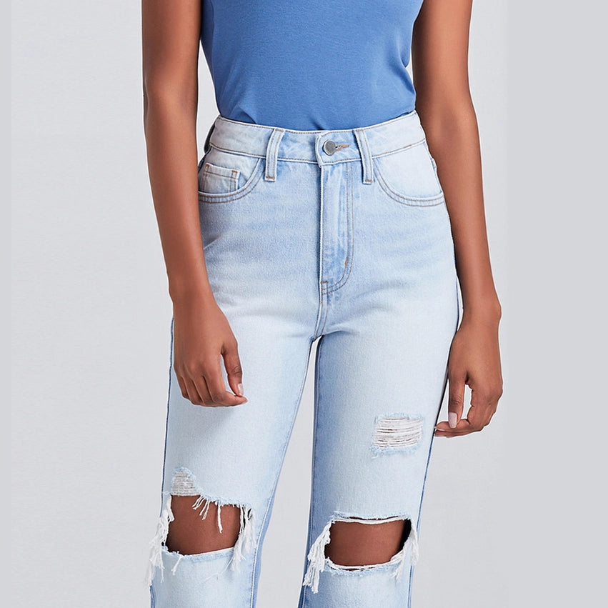 High Rise Straight Jeans(Frayed Hem,Two Tones) LIGHT BLUE-Jeans-BAYEAS-24-LIGHT BLUE-Urbanheer