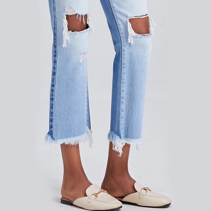 High Rise Straight Jeans(Frayed Hem,Two Tones) LIGHT BLUE-Jeans-BAYEAS-24-LIGHT BLUE-Urbanheer