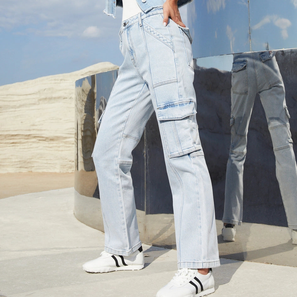 High Rise Straight Leg Denim Jeans with Raw Hem LIGHT BLUE-Jeans-BAYEAS-24-LIGHT BLUE-Urbanheer