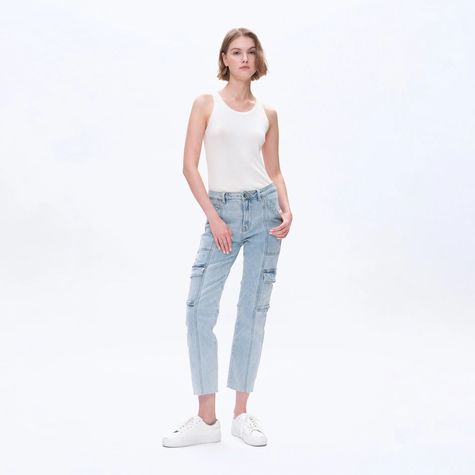 High Rise Straight Leg Denim Jeans with Raw Hem LIGHT BLUE-Jeans-BAYEAS-24-LIGHT BLUE-Urbanheer