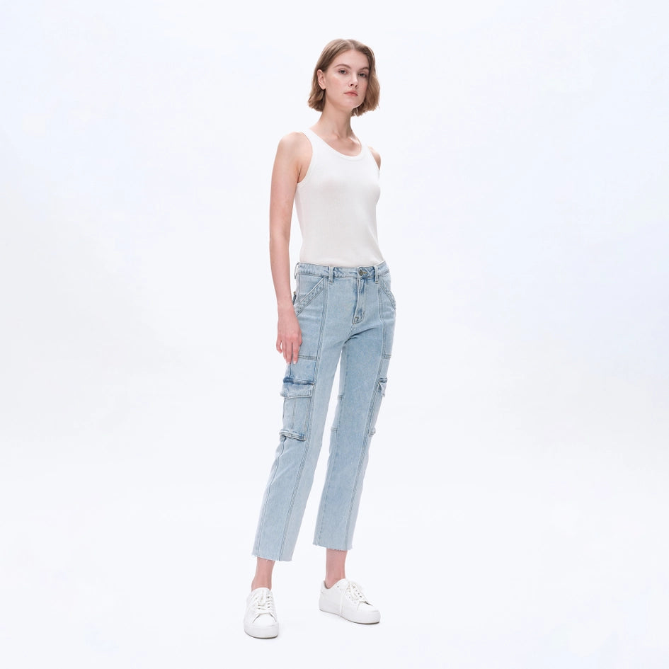 High Rise Straight Leg Denim Jeans with Raw Hem LIGHT BLUE-Jeans-BAYEAS-24-LIGHT BLUE-Urbanheer
