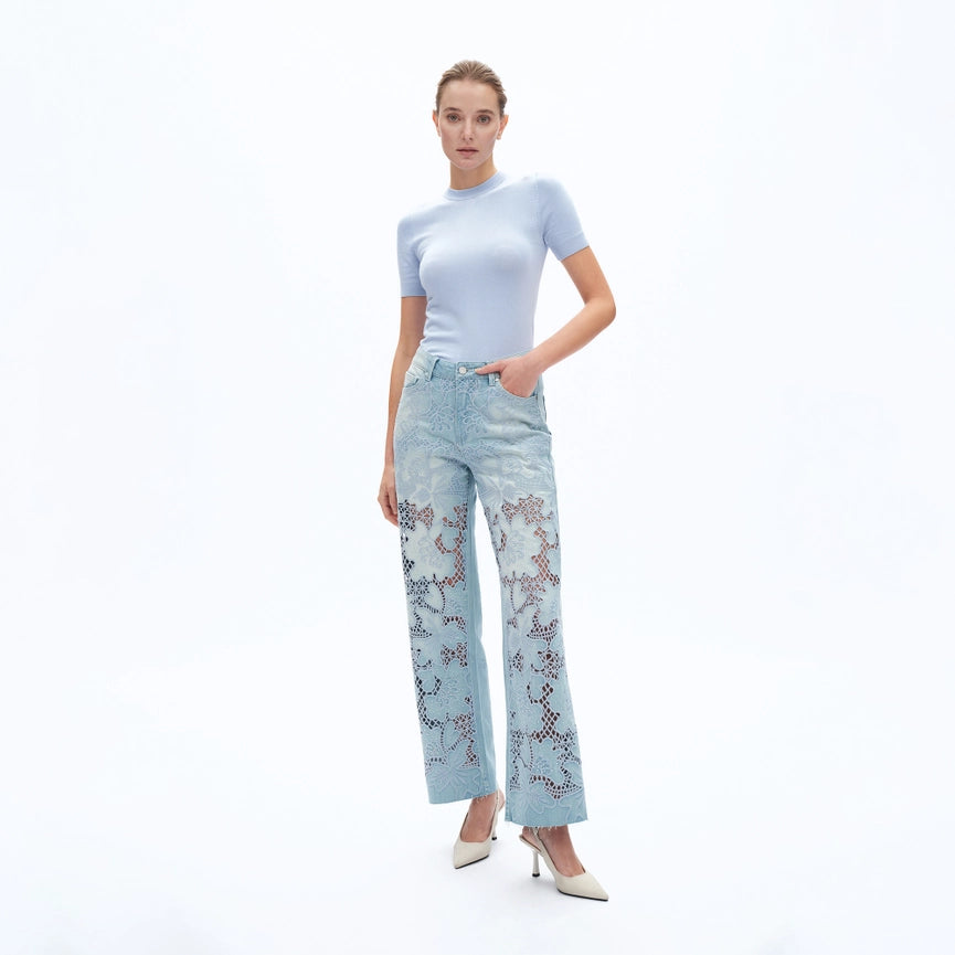 High Rise Straight Leg Jeans with Raw Hem-Jeans-BAYEAS-24-LIGHT BLUE-Urbanheer