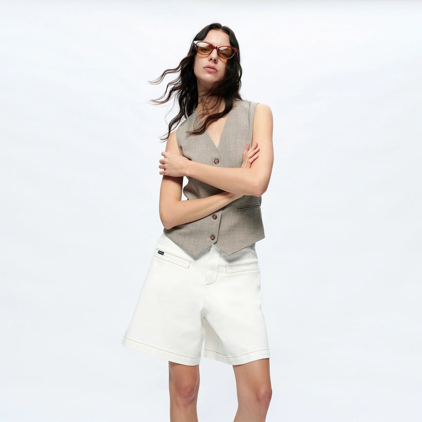 High Rise Twill Bermuda Shorts with Finished Hem-Bermuda Shorts-BAYEAS-XS-CREAM-Urbanheer