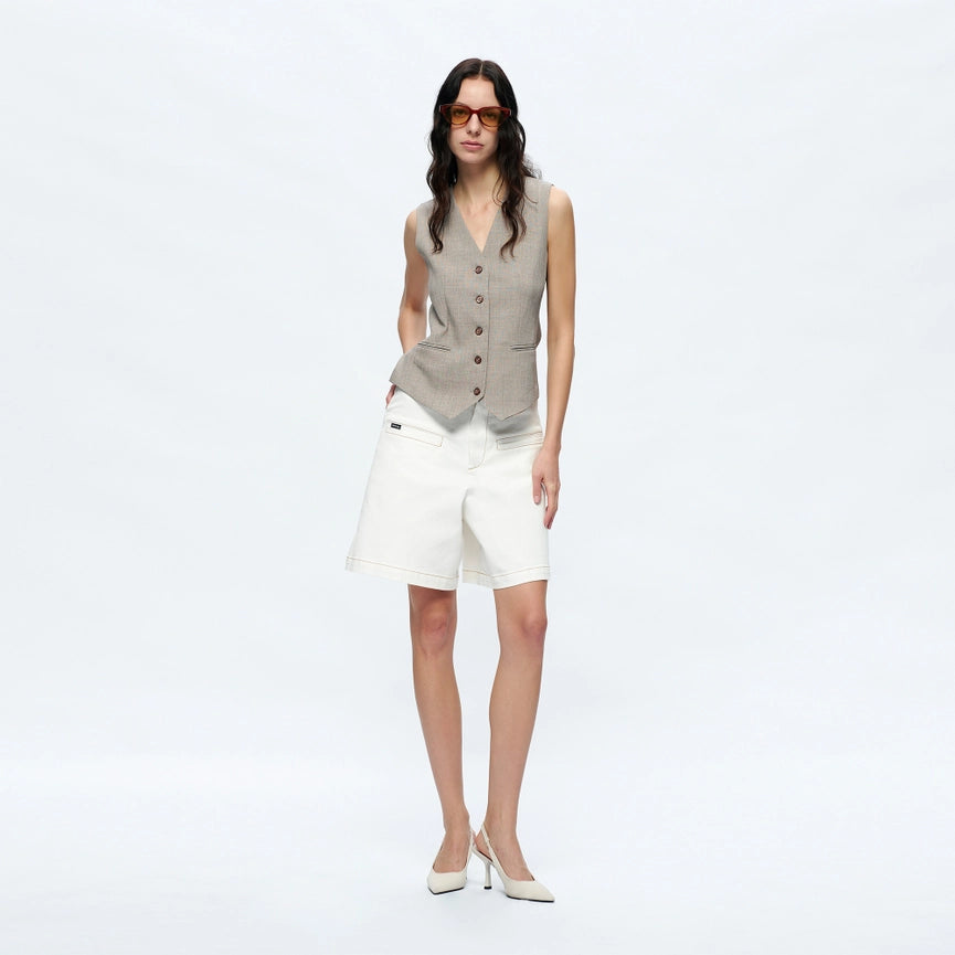 High Rise Twill Bermuda Shorts with Finished Hem-Bermuda Shorts-BAYEAS-XS-CREAM-Urbanheer