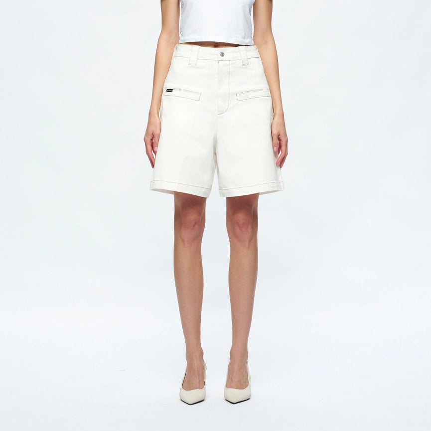 High Rise Twill Bermuda Shorts with Finished Hem-Bermuda Shorts-BAYEAS-XS-CREAM-Urbanheer