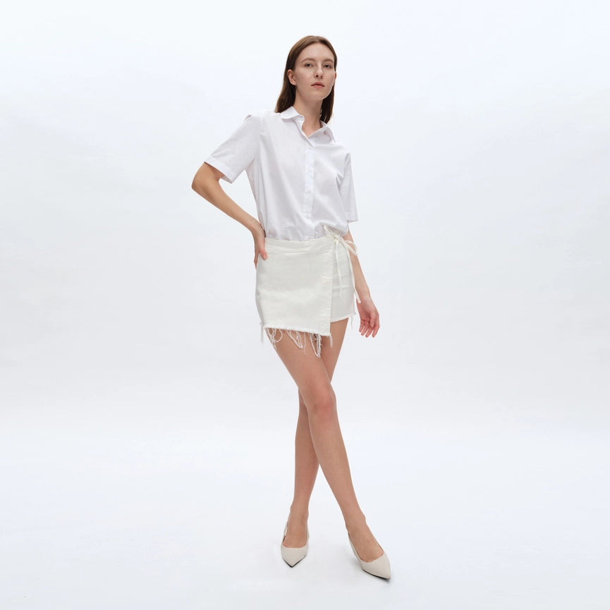 High Rise Twill Short Culottes with Raw Hem WHITE-Shorts-BAYEAS-S-WHITE-Urbanheer
