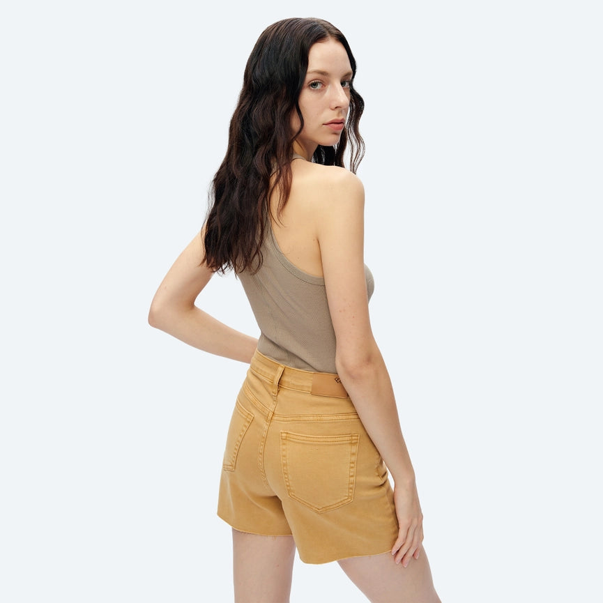High Rise Twill Shorts with Raw Hem YELLOW OCHRE-Shorts-BAYEAS-XS-YELLOW OCHRE-Urbanheer