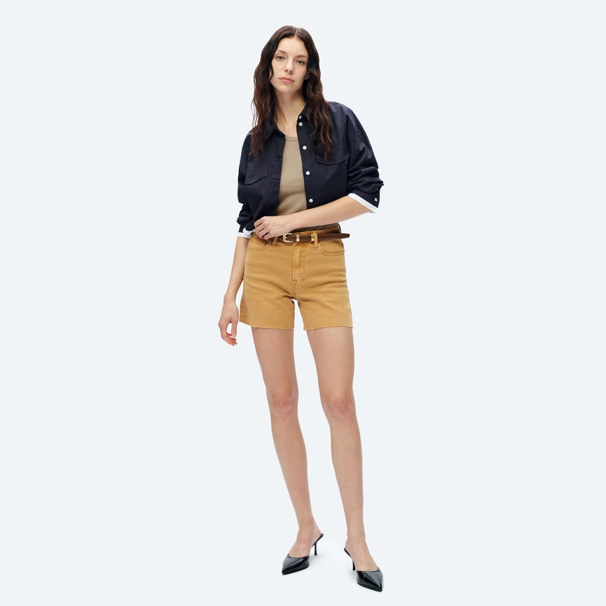 High Rise Twill Shorts with Raw Hem YELLOW OCHRE-Shorts-BAYEAS-XS-YELLOW OCHRE-Urbanheer
