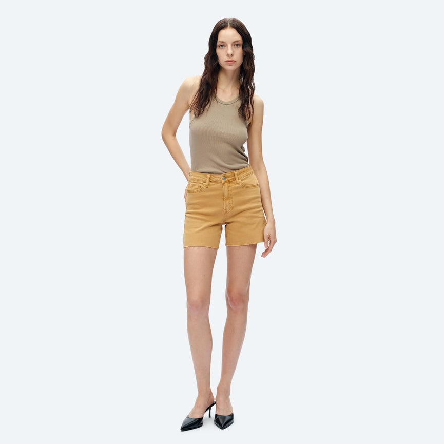 High Rise Twill Shorts with Raw Hem YELLOW OCHRE-Shorts-BAYEAS-XS-YELLOW OCHRE-Urbanheer