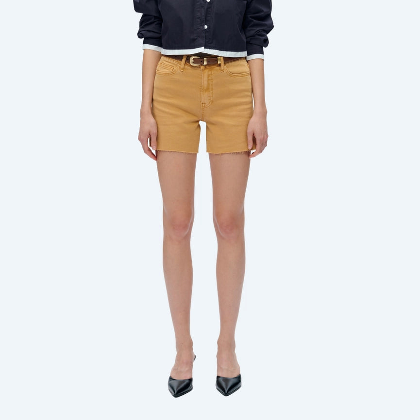 High Rise Twill Shorts with Raw Hem YELLOW OCHRE-Shorts-BAYEAS-XS-YELLOW OCHRE-Urbanheer
