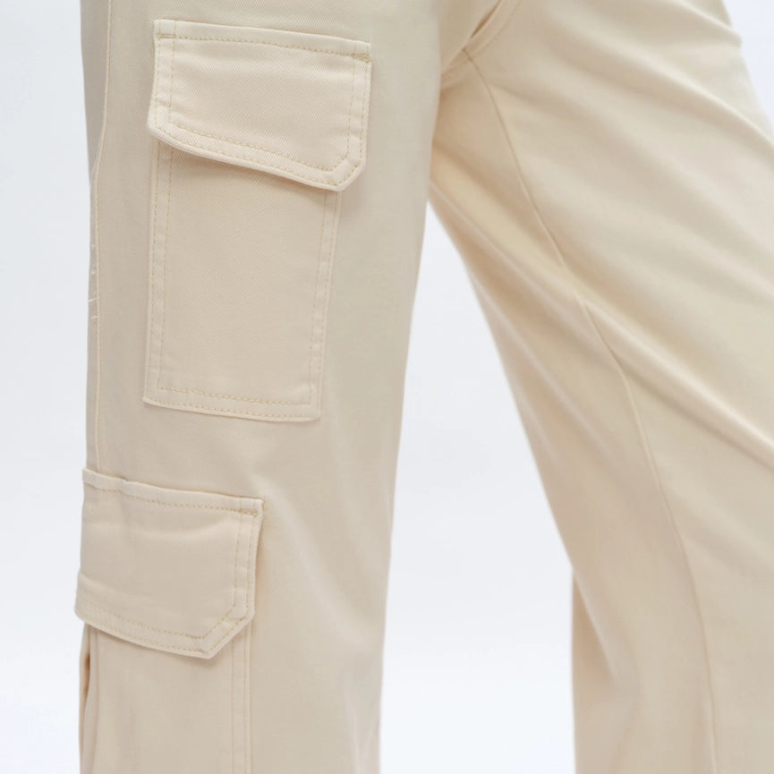 High Rise Wide Leg Cargo Twill Pants Finished Hem BEIGE-Cargo Pants-BAYEAS-24-BEIGE-Urbanheer