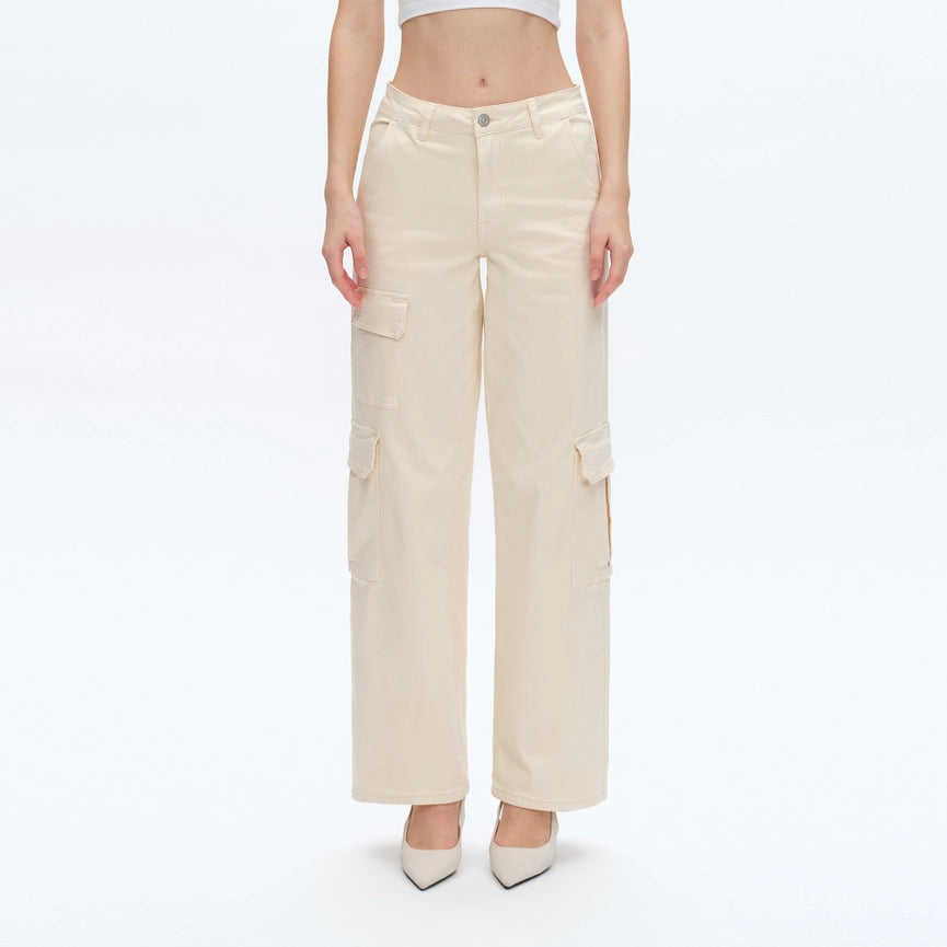 High Rise Wide Leg Cargo Twill Pants Finished Hem BEIGE-Cargo Pants-BAYEAS-24-BEIGE-Urbanheer