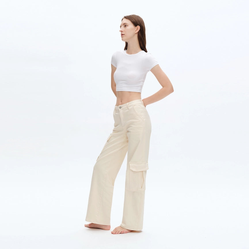 High Rise Wide Leg Cargo Twill Pants Finished Hem BEIGE-Cargo Pants-BAYEAS-24-BEIGE-Urbanheer