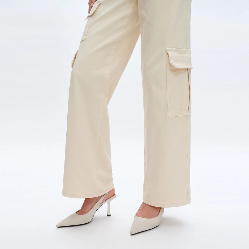 High Rise Wide Leg Cargo Twill Pants Finished Hem BEIGE-Cargo Pants-BAYEAS-24-BEIGE-Urbanheer