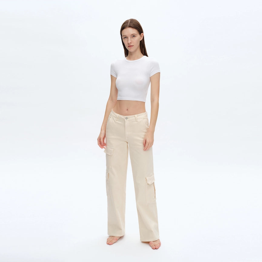 High Rise Wide Leg Cargo Twill Pants Finished Hem BEIGE-Cargo Pants-BAYEAS-24-BEIGE-Urbanheer