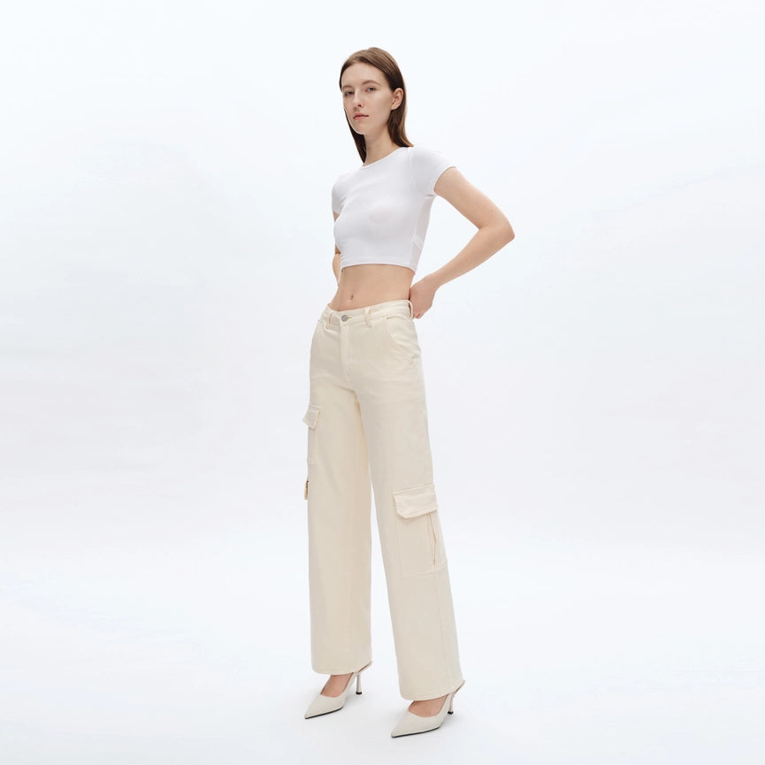 High Rise Wide Leg Cargo Twill Pants Finished Hem BEIGE-Cargo Pants-BAYEAS-24-BEIGE-Urbanheer