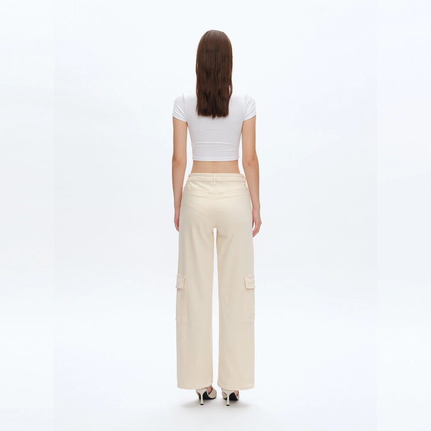 High Rise Wide Leg Cargo Twill Pants Finished Hem BEIGE-Cargo Pants-BAYEAS-24-BEIGE-Urbanheer