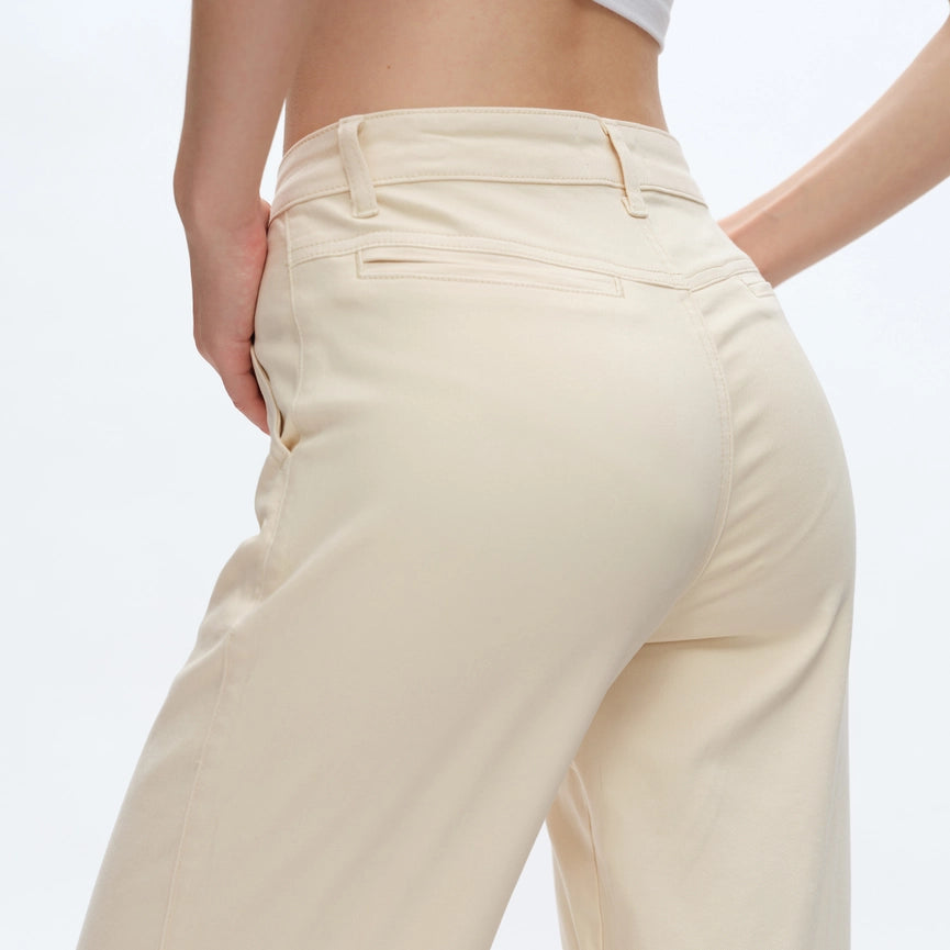 High Rise Wide Leg Cargo Twill Pants Finished Hem BEIGE-Cargo Pants-BAYEAS-24-BEIGE-Urbanheer