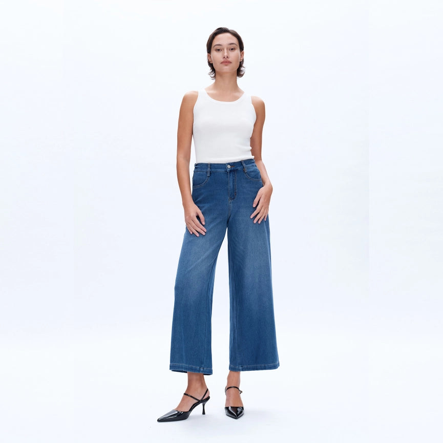 High Rise Wide Leg Flare Jeans with Finished Hem BLUEBELL-Jeans-BAYEAS-27-BLUEBELL-Urbanheer