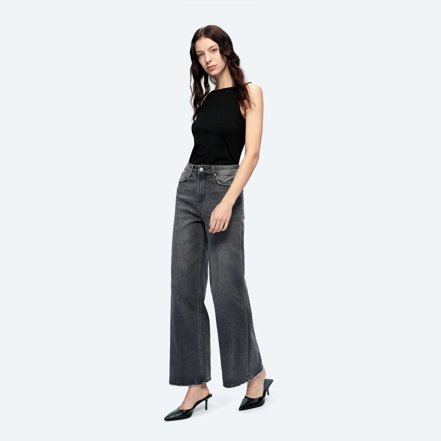 High Rise Wide Leg Jeans with Finished Hem CHARCOAL-Jeans-BAYEAS-24-CHARCOAL-Urbanheer
