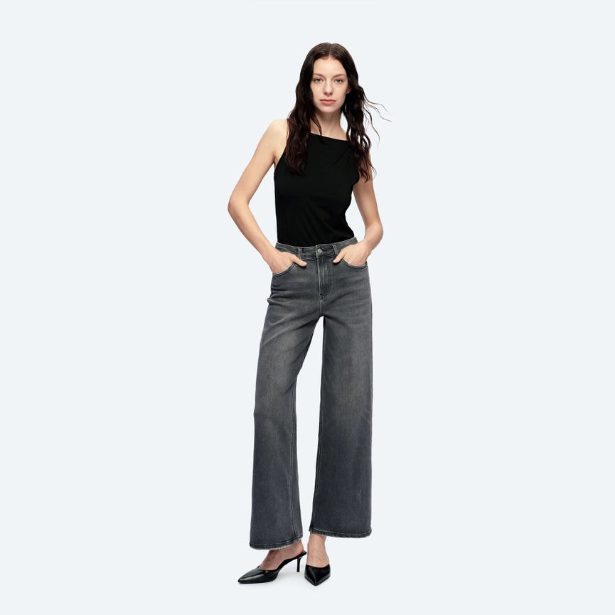 High Rise Wide Leg Jeans with Finished Hem CHARCOAL-Jeans-BAYEAS-24-CHARCOAL-Urbanheer