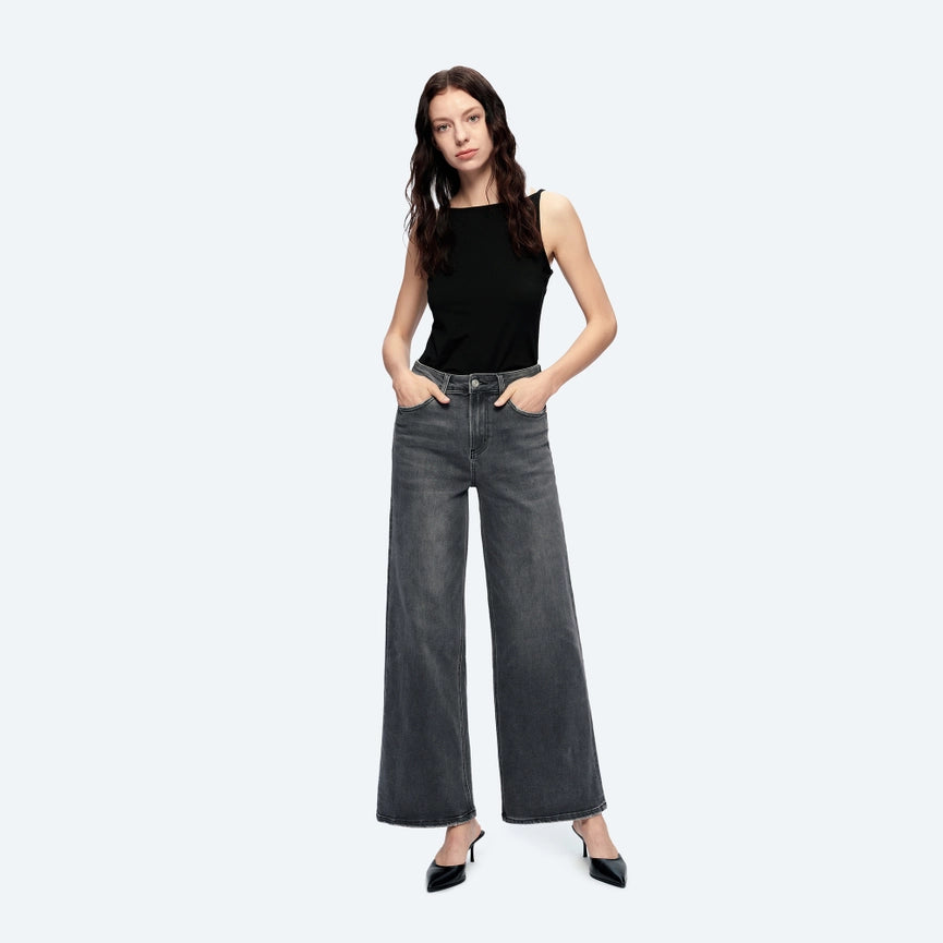High Rise Wide Leg Jeans with Finished Hem CHARCOAL-Jeans-BAYEAS-24-CHARCOAL-Urbanheer